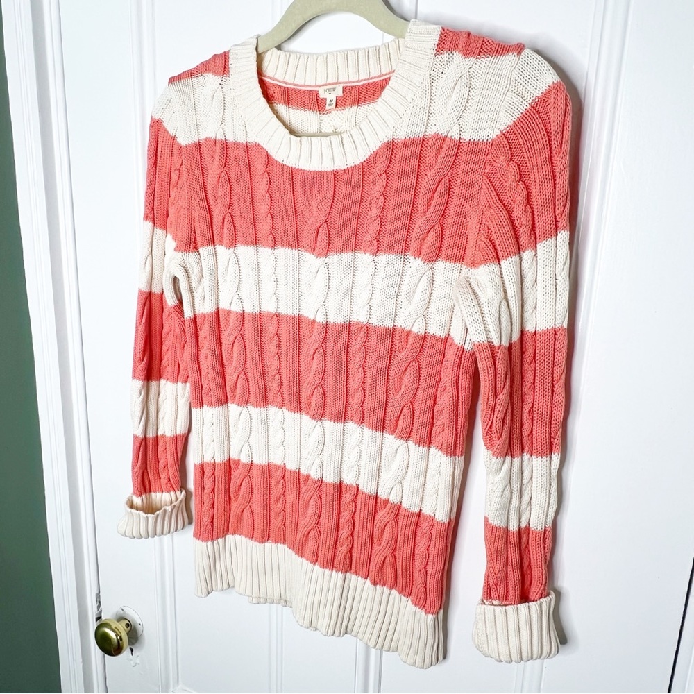 J. Crew Striped Cable Knit Cotton Sweater Cream Coral Salmon Size Medium - Picture 2 of 7